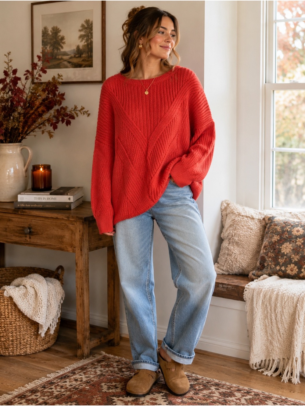Masseys Rust Orange Chunky Knit Sweater Large Oversized Chevron Cozy Fall